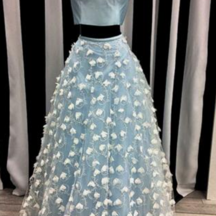 Two Pieces Prom Dresses Satin Blue Sky Glittering..