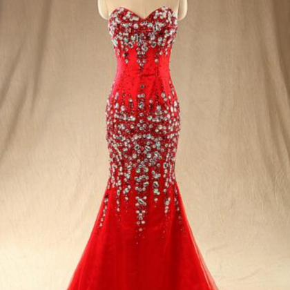 Red Model Beaded Mermaid Dress Fashion Slim..