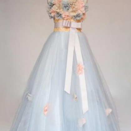 Flowers Ball Gown Strapless Cyan Tulle Prom..