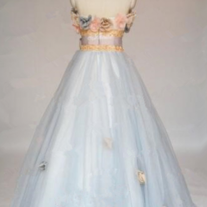 Flowers Ball Gown Strapless Cyan Tulle Prom..