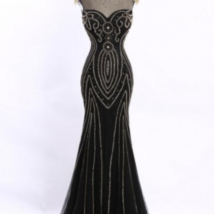 Fashion Black Shiny Beading Prom Dresses High Neck..