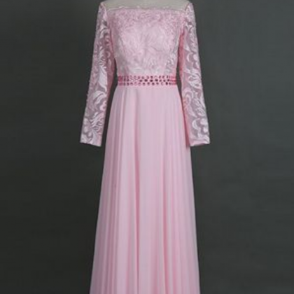 Generous Off Shoulder Long Sleeves Pink Prom Dress..
