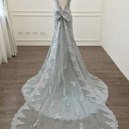 Elegant Silver Lace Mermaid Prom Dress, Bow Back..
