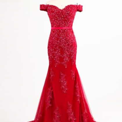 Red Off-the-shoulder Long Beaded Mermaid Prom..