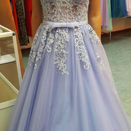 A-line V-neck Blue Tulle Lace-up Prom Dress With..