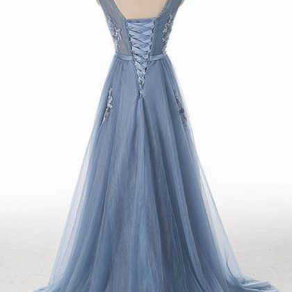 Lace Beaded Dusty Blue Scoop Neckline Evening Prom..