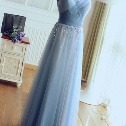 Chic Prom Dress A-line V-neck Blue Tulle Evening..