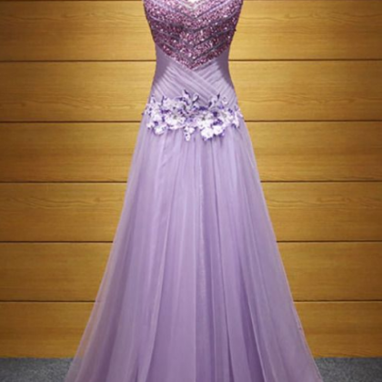 Purple A-line V-neck Floor-length Tulle Prom Dress..