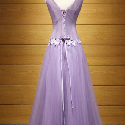 Purple A-line V-neck Floor-length Tulle Prom Dress..