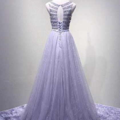 Sexy Open Back Lilac Lace Beaded Evening Prom..