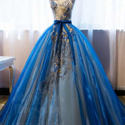 Unique V Neck Blue Embroidery Long Prom Dress,..