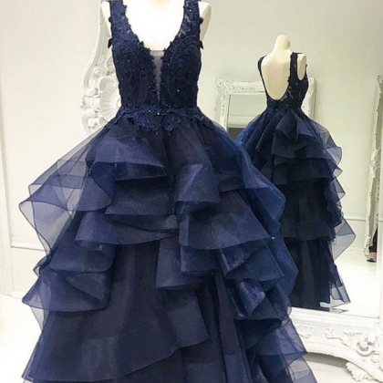 Unique Dark Blue Tulle Lace Prom Dress, Dark Blue..
