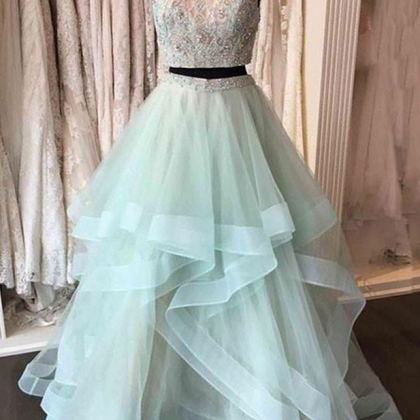Light Green Tulle Two Pieces Long Prom Dress,..