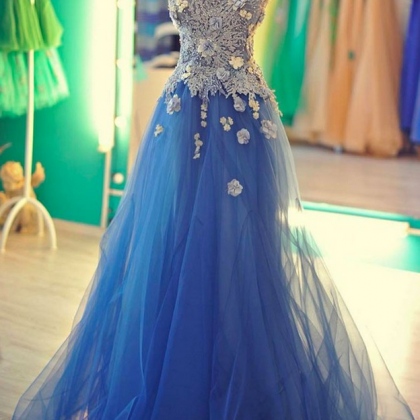 Unique Lace Applique Tulle Blue Long Prom Dress,..