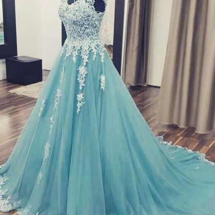 Unique V Neck Lace Tulle Long Prom Dress, Tulle..