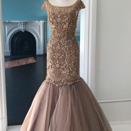 Unique Round Tulle Sequin Beads Long Prom Dress,..