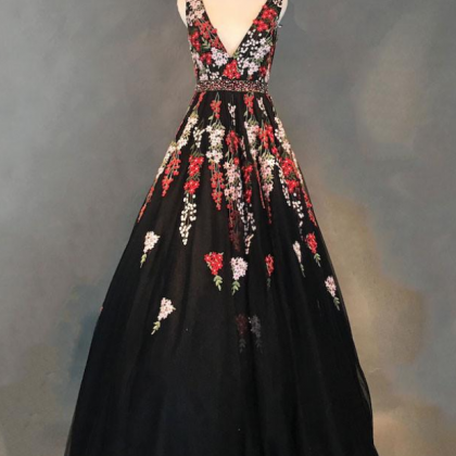 Black Tulle Applique Long Prom Dress, Black Tulle..
