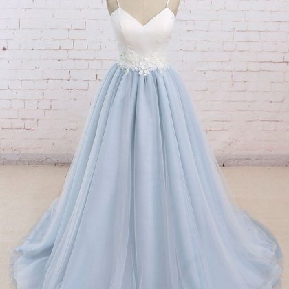 Simple Blue Tulle Long Prom Dress, Tulle Wedding..