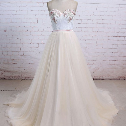 Light Champagne Lace Tulle Long Prom Dress,..