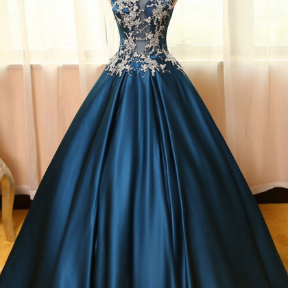 Peacock Blue Satin Lace Applique Long Prom Dress,..