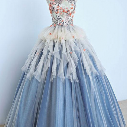 Unique Round Neck Tulle Long Prom Dress, Gray Blue..