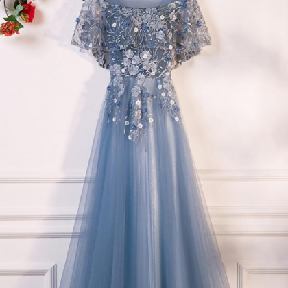 Blue Round Neck Tulle Lace Long Prom Dress, Blue..
