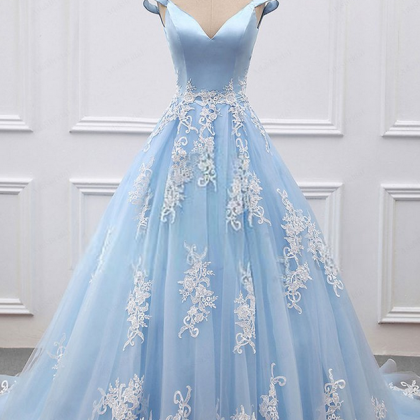  Blue v neck lace tulle long prom d..