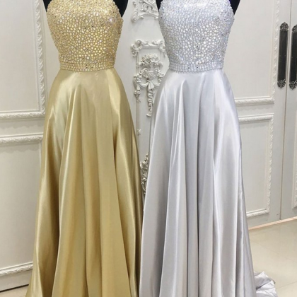 A-line Beads Satin Long Prom Dress, Evening Dress