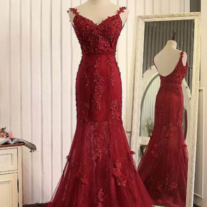  Red organza prom dress with lace a..