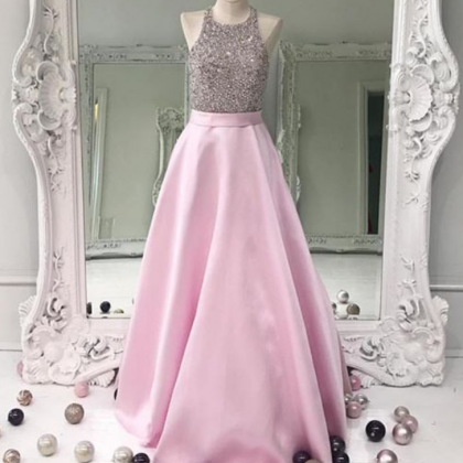 Modern Round Neck Floor Length Pink Prom Dress..