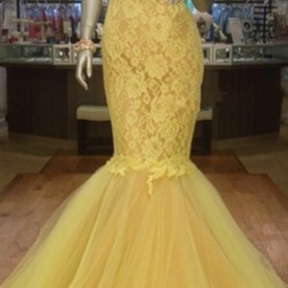 Yellow Lace Prom Dress,Modest Prom ..