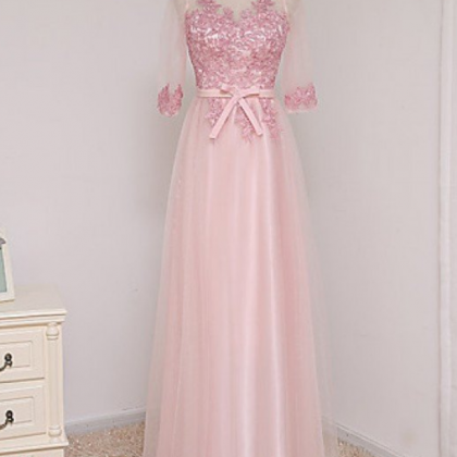 Pink Tulle Half Sleeves See-through Bowknot Lace..