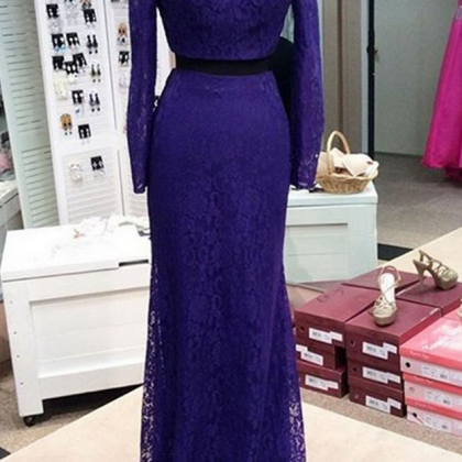 Purple Lace Long Dresses,long Sleeves Two Pieces..