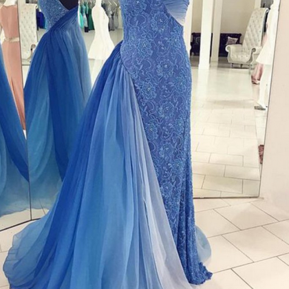 Unique Blue Chiffon Lace Long Dresses,one Shoulder..