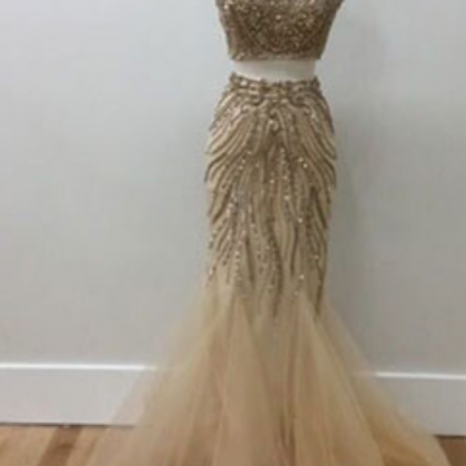 Gold Beads Two Pieces Prom Dress, Tulle Evening..
