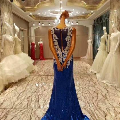 Shiny Royal Blue Sequin Prom Dresses Lace Elegant..