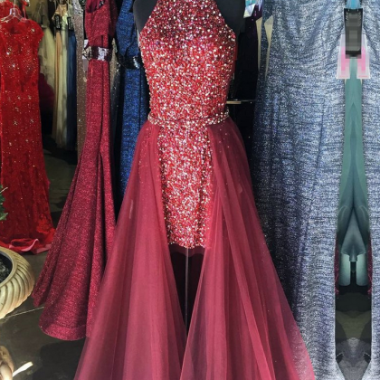 Halter Crystal Beaded Short Prom Dresses With..