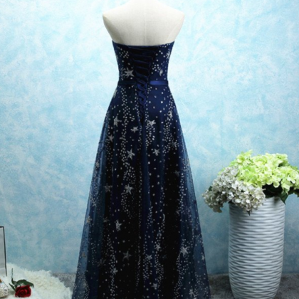 A Line Long Tulle Strapless Prom Dress With Star..