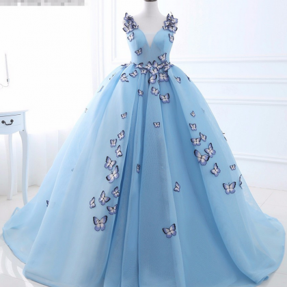 V-neck Blue Prom Dress With Butterfly Backless..
