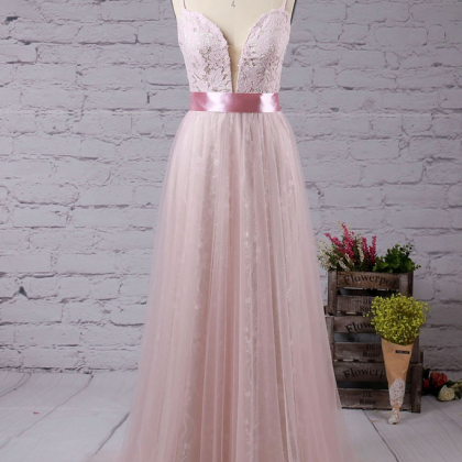 A-line V-neck Lace Tulle Sweep Train With Sashes /..