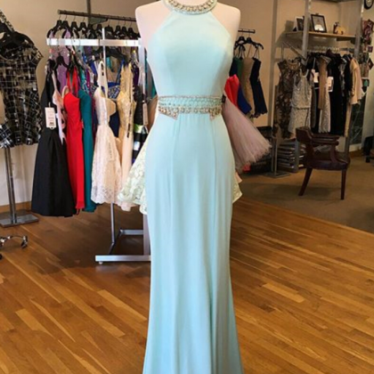 Ice Blue Jewel Neck Fitted Formal Gown With..