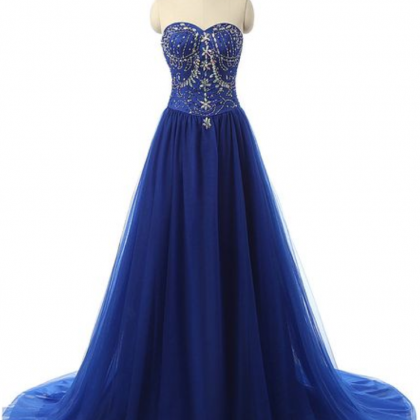 Blue Floor Length Tulle A-line Prom Dress..