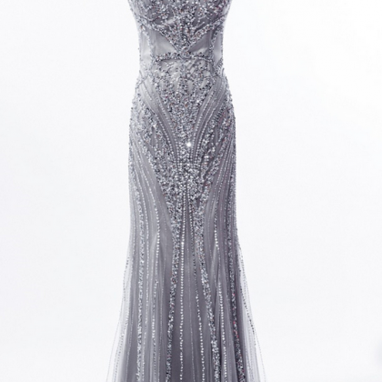 Grey Sequin And Beaded Embellished Floor Length..