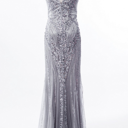 Grey Sequin And Beaded Embellished Floor Length..