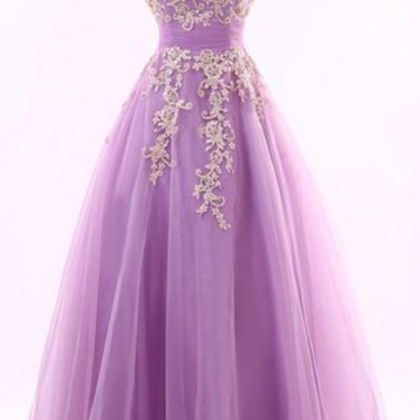 Lavender Long Tulle A-line Prom Dress,strapless..