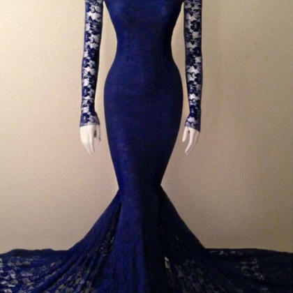 Navy Blue Soft Lace Long Sleeves Mermaid Evening..
