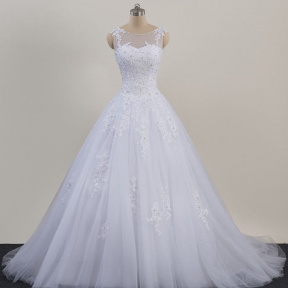 White Or Ivory Jewel A-line Sweep/brush Lace Tulle..