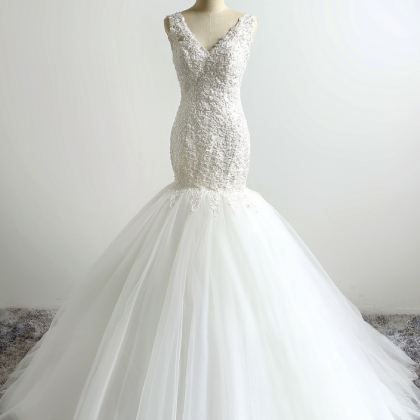 V-neck Lace Appliqué Mermaid Wedding Dress With..