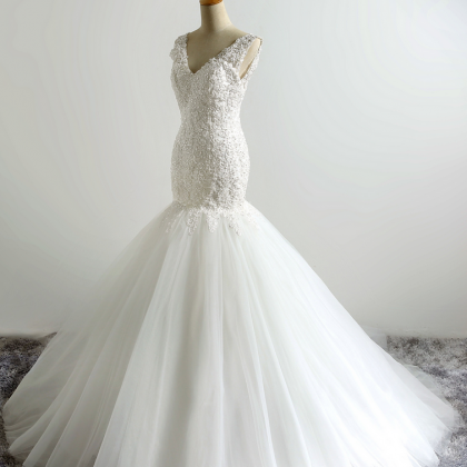 V-neck Lace Appliqué Mermaid Wedding Dress With..