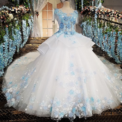 ivory wedding dress with blue lace ..